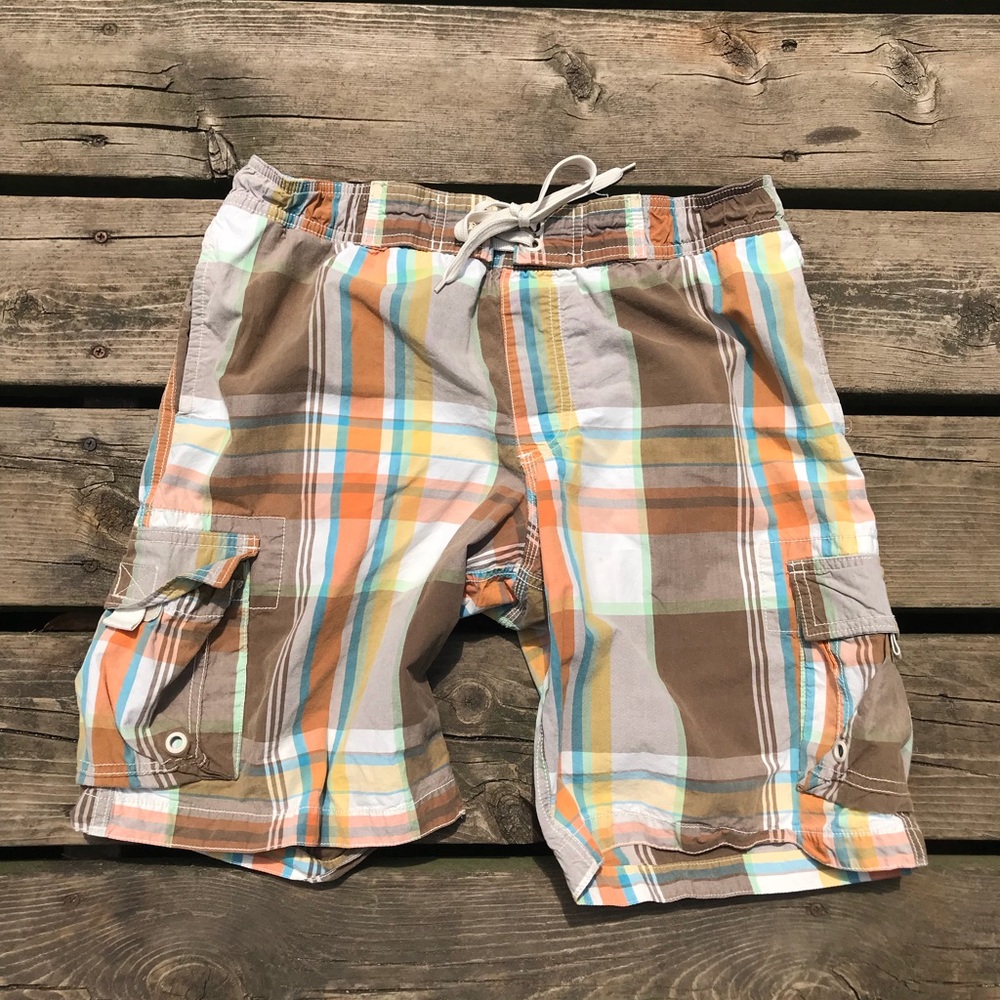 Old Navy Cargo Plaid Swim Trunks size Med EUC